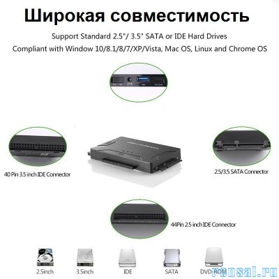 Комбо адаптер USB 3.0 на SATA/IDE HDD, SDD